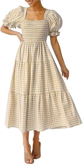 Women's Summer Boho Gingham Puff Sleeve Square Neck Beach Midi Dress