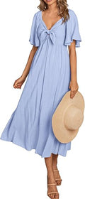 Women's Summer Bow Tie V Neck Midi Dresses