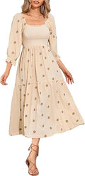 Women's Cotton Floral Embroidered Boho Midi Dress with Pockets