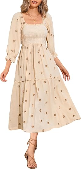 Women's Cotton Floral Embroidered Boho Midi Dress with Pockets