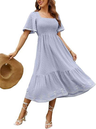 Women's Short Sleeve Smocked Square Neck A Line Summer Flowy Maxi Long Dress